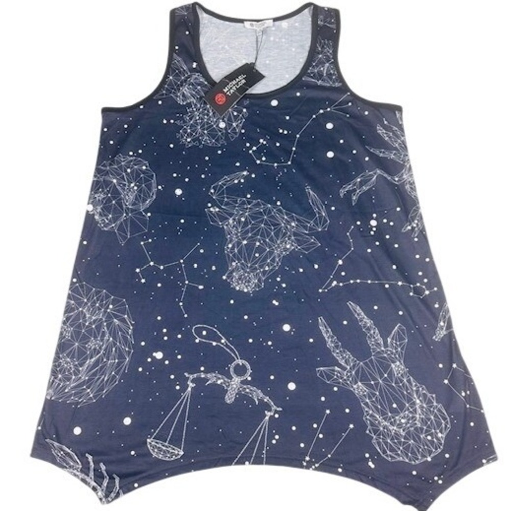 Michael Taylor Tank Top Womens L/XL Navy Zodiac Constellation Rhinestone Hem